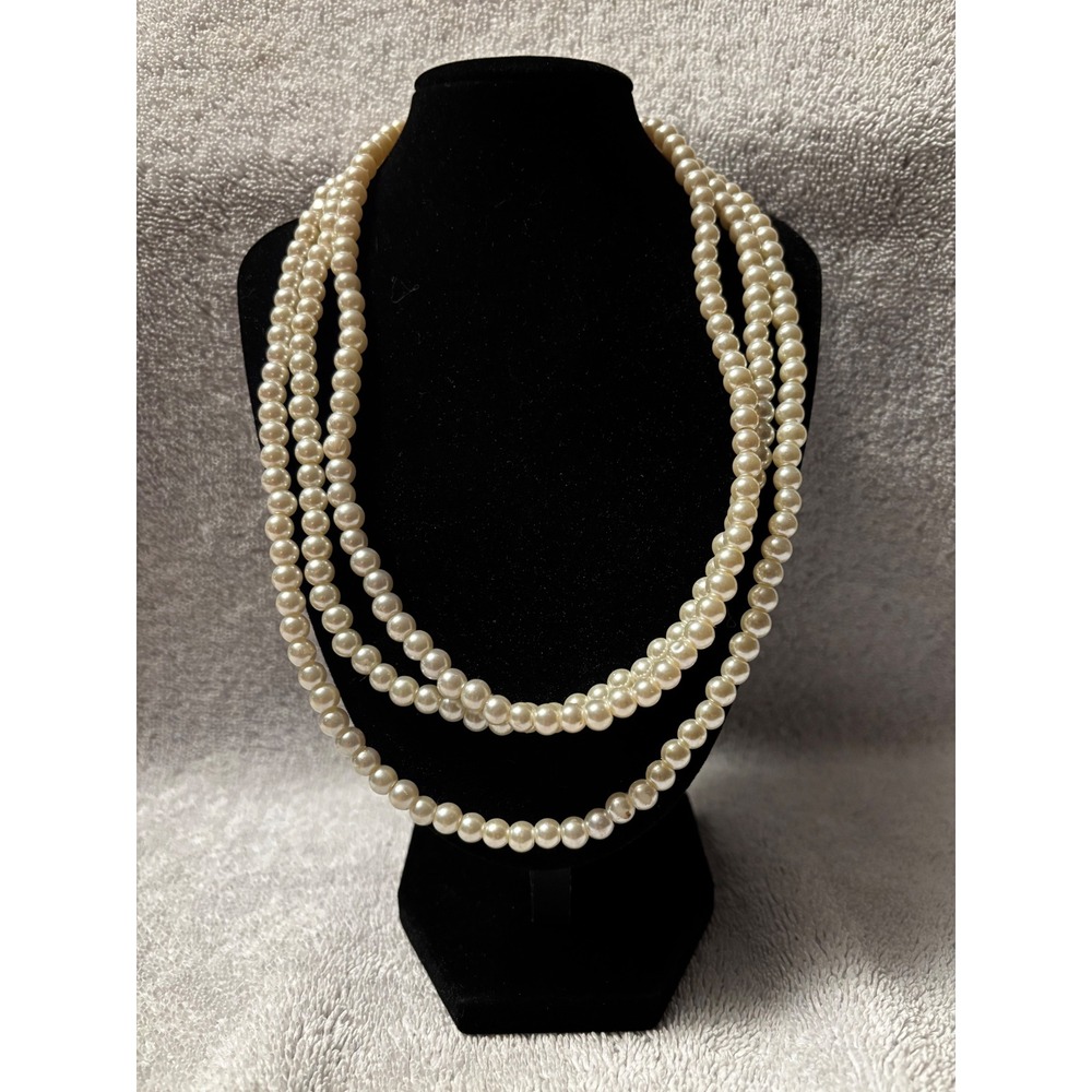 Vintage Style Cream Triple Strand Faux Pearl‎ Layered Necklace Silver Tone Clasp